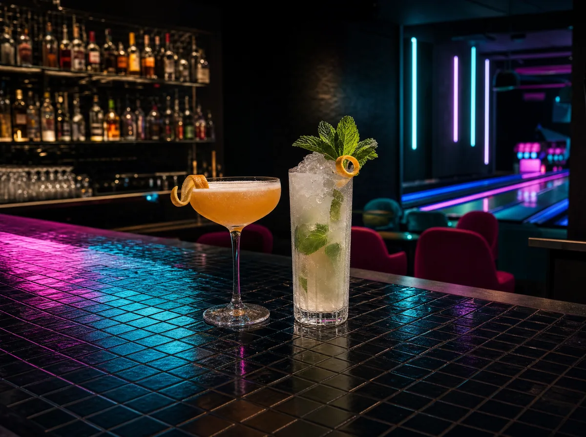Zwei Cocktails mit Minze und Zitrus auf der schwarzen Mosaik-Theke, dahinter das beleuchtete Flaschenregal
