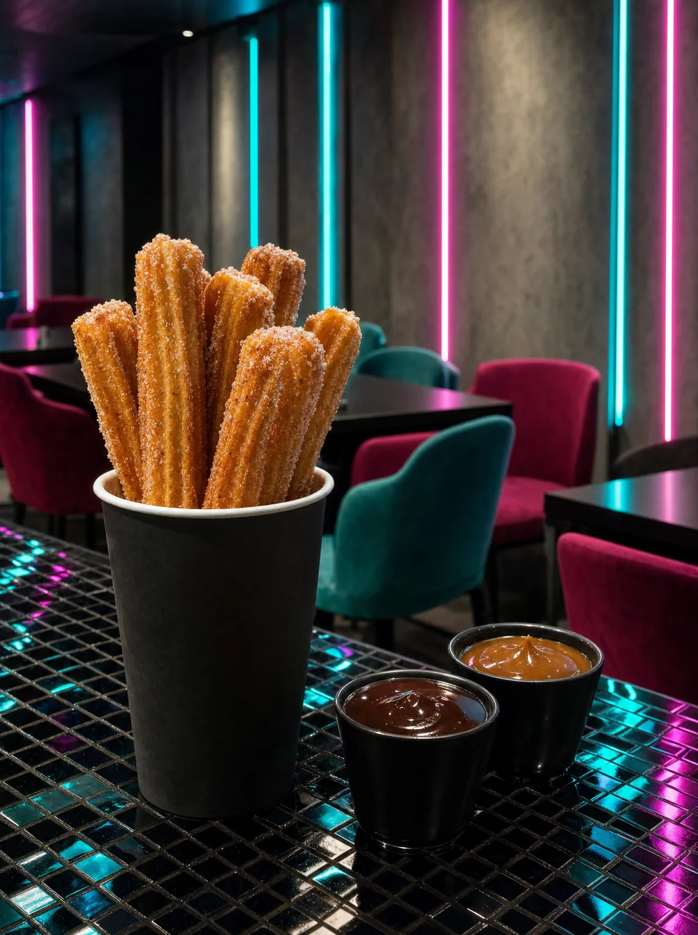 Churros mit Zucker in schwarzer Tüte und zwei Dips auf der Mosaik-Theke, Neonlicht spiegelt sich in den Kacheln