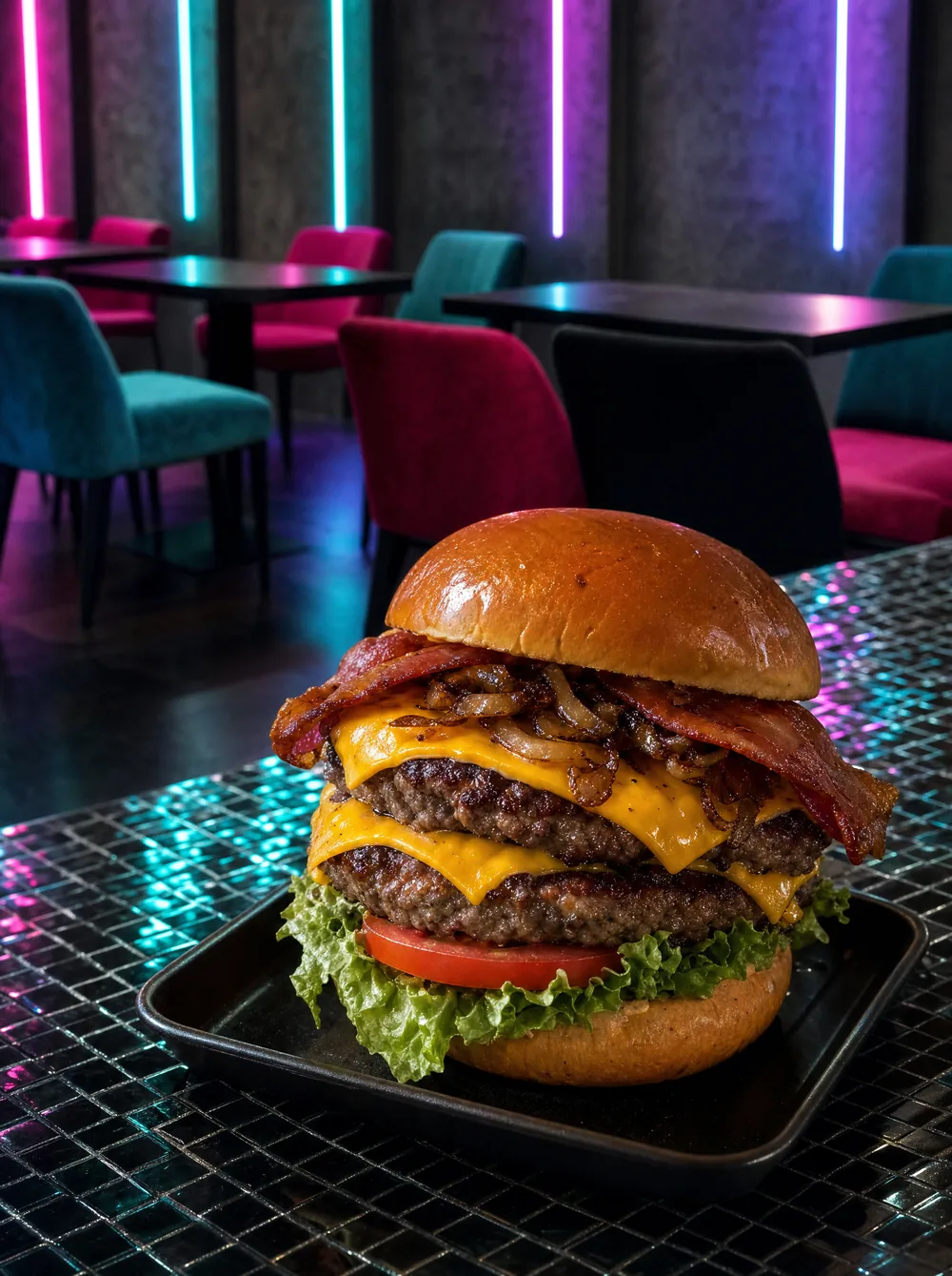 Doppelter Cheeseburger mit Bacon, geschmolzenen Zwiebeln, Tomate und Salat in schwarzer Schale auf der Mosaik-Theke