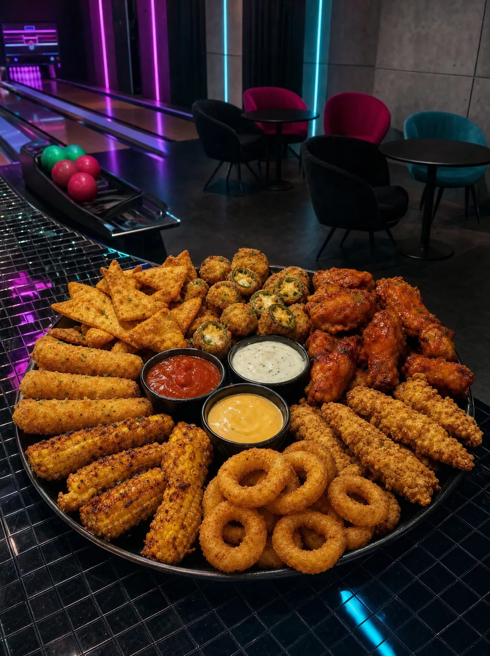 Großer schwarzer Sharing-Teller mit Onion Rings, Mozzarella Sticks, Nachos, Wings, Chicken Fingers, Jalapeño-Nuggets, Corn Ribs und drei Dips auf der Mosaik-Theke