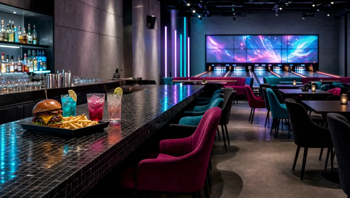 Burger, Pommes und Cocktails auf der Mosaik-Theke, dahinter Samtstühle in Magenta und Türkis, Betonwände mit Neonleisten und die Bowlingbahnen mit Videowand