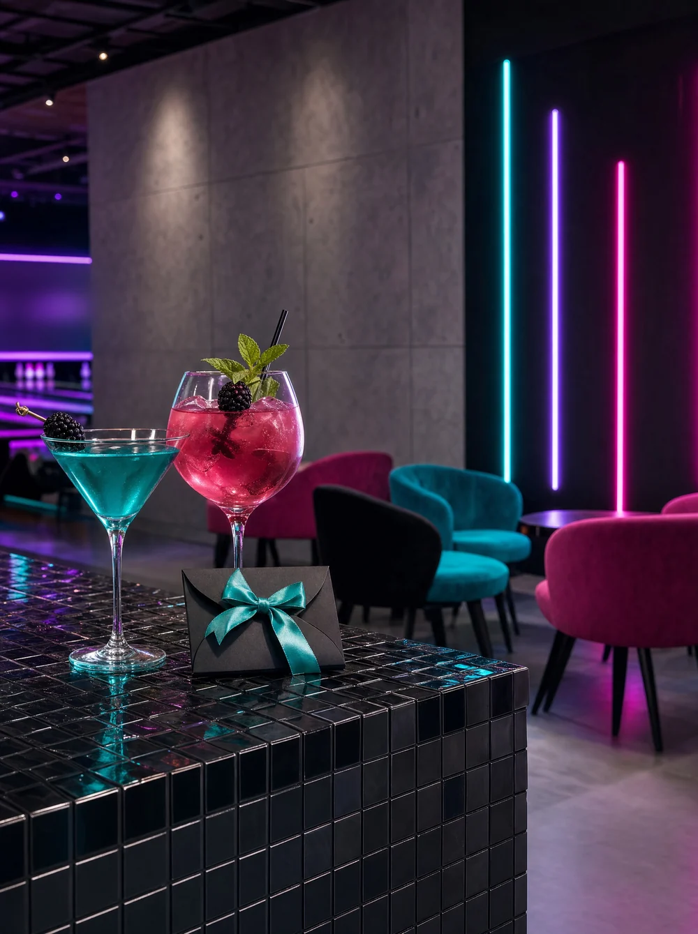 Zwei Cocktails und ein Geschenkumschlag mit türkiser Schleife auf der schwarzen Mosaik-Bartheke