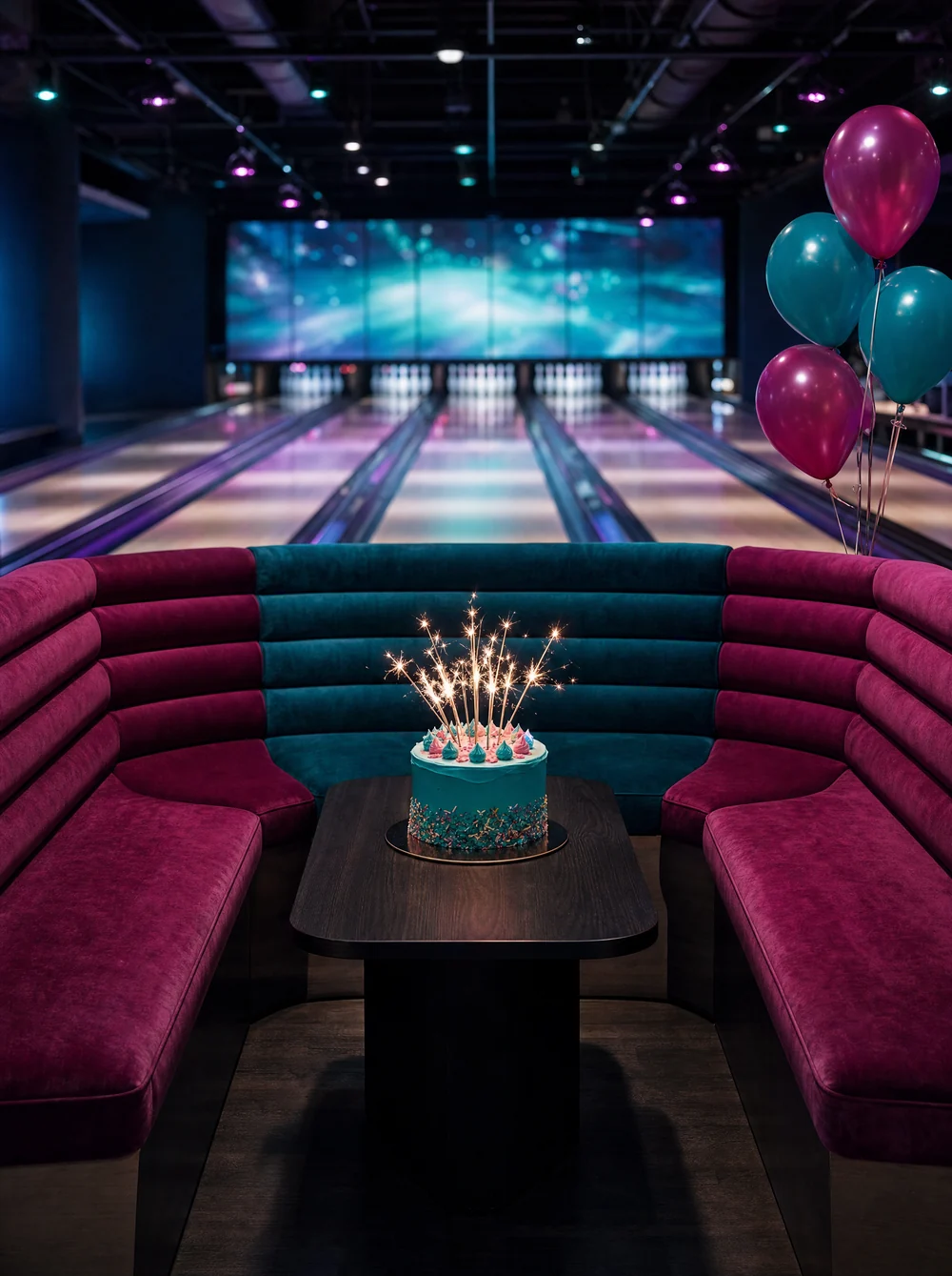 Geburtstagstorte mit Wunderkerzen in einer U-förmigen Bowling-Lounge aus Samt, dahinter die Bahnen