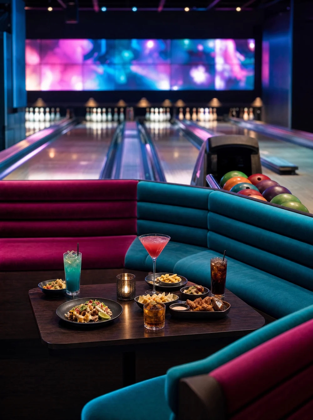 Getränke und Snacks am Tisch einer U-förmigen Bowling-Lounge neben der Kugelrückgabe