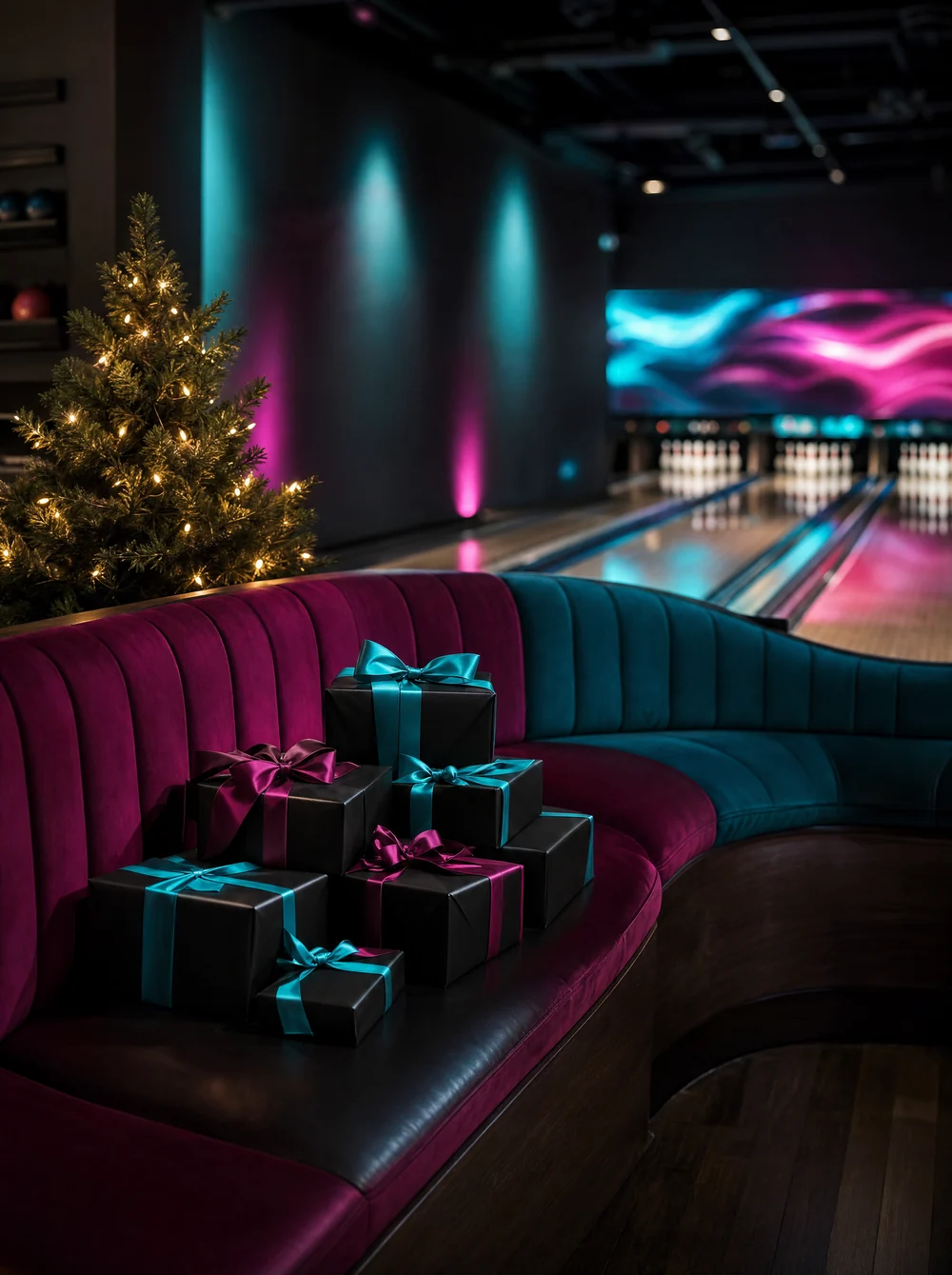 Schwarz verpackte Geschenke mit türkisen und magentafarbenen Schleifen in einer U-Lounge, daneben ein kleiner Weihnachtsbaum