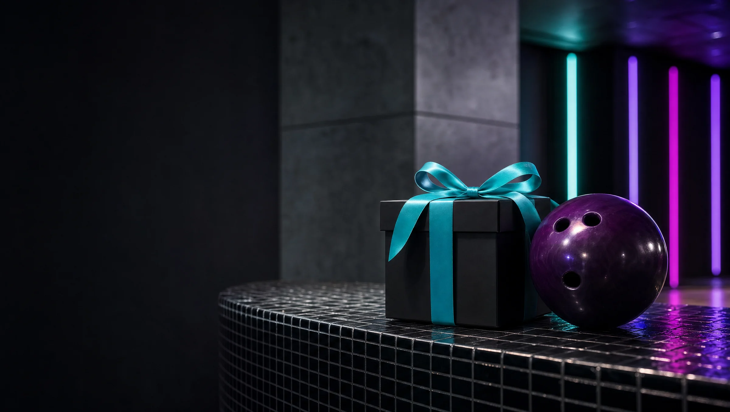 Schwarze Geschenkbox mit türkisfarbener Schleife neben einer Bowlingkugel auf der schwarzen Mosaik-Theke, dahinter Betonwand und Neonleisten