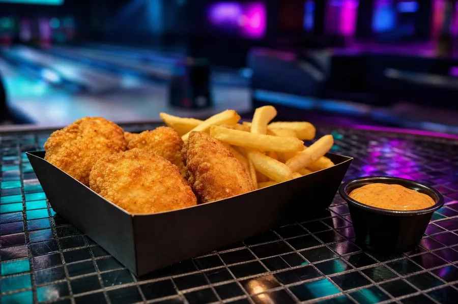 Vier Chicken Nuggets mit Pommes auf der schwarzen Mosaik-Bar im Neonlicht