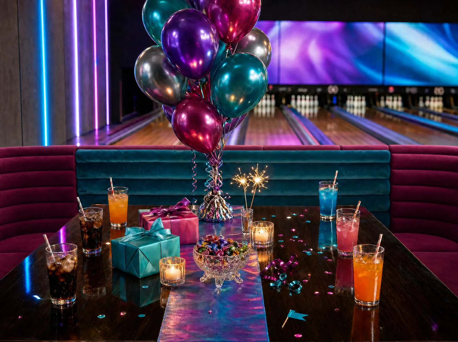 Festlich gedeckter Geburtstagstisch in der Samt-Lounge: glänzend lackierter Holztisch mit schimmerndem Tischläufer, sechs Gläser Softdrink mit Eis und Strohhalm, Luftballon-Strauß in Magenta, Türkis, Violett und Silber, zwei Geschenke, eine Schale Bonbons, Teelichter und Wunderkerzen, dahinter unscharf die Bowlingbahnen mit Videowand