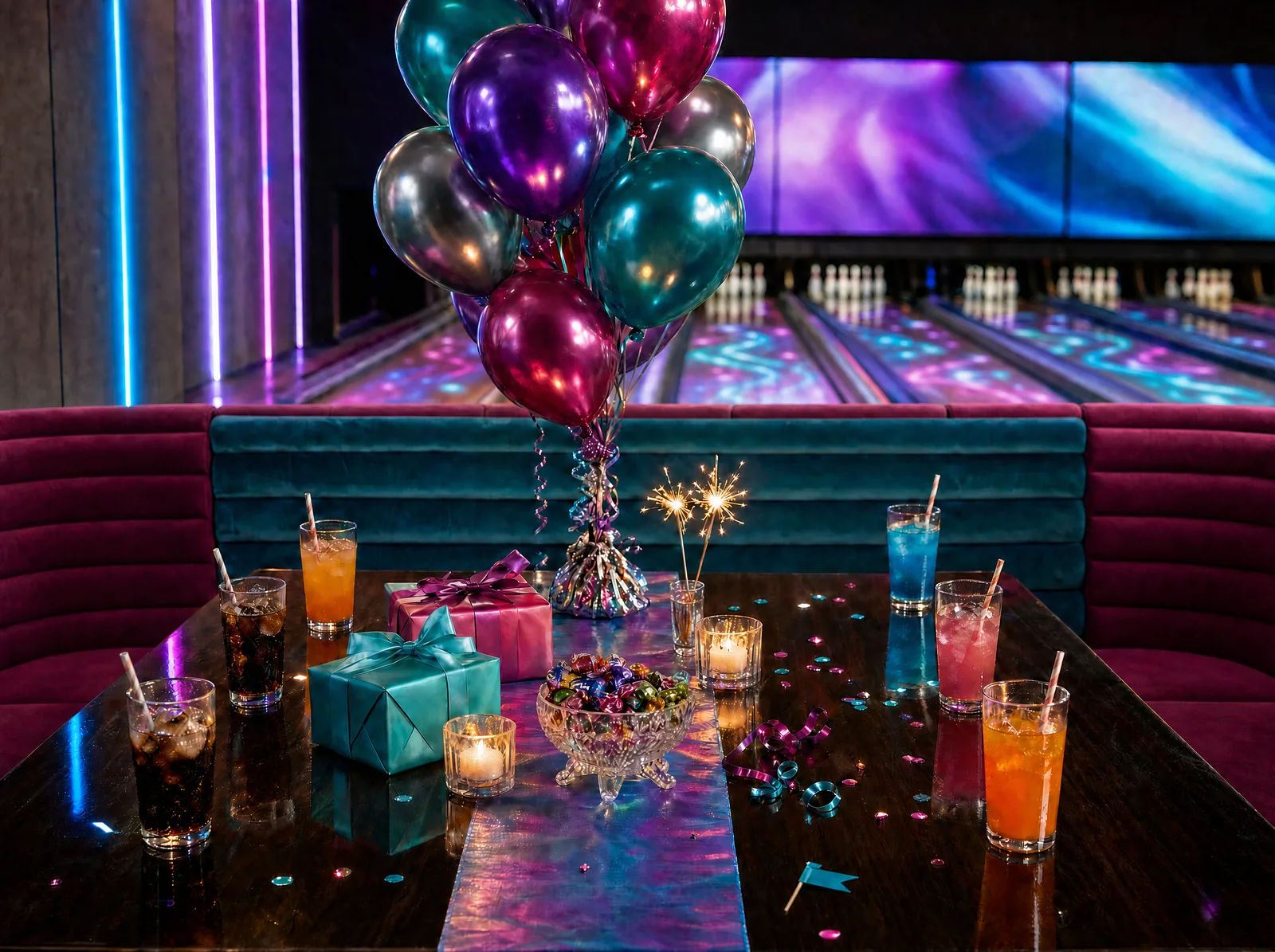 Festlich gedeckter Geburtstagstisch in der Samt-Lounge: glänzend lackierter Holztisch mit schimmerndem Tischläufer, sechs Gläser Softdrink mit Eis und Strohhalm, Luftballon-Strauß in Magenta, Türkis, Violett und Silber, zwei Geschenke, eine Schale Bonbons, Teelichter und Wunderkerzen, dahinter unscharf die Bowlingbahnen mit farbiger Lichtprojektion