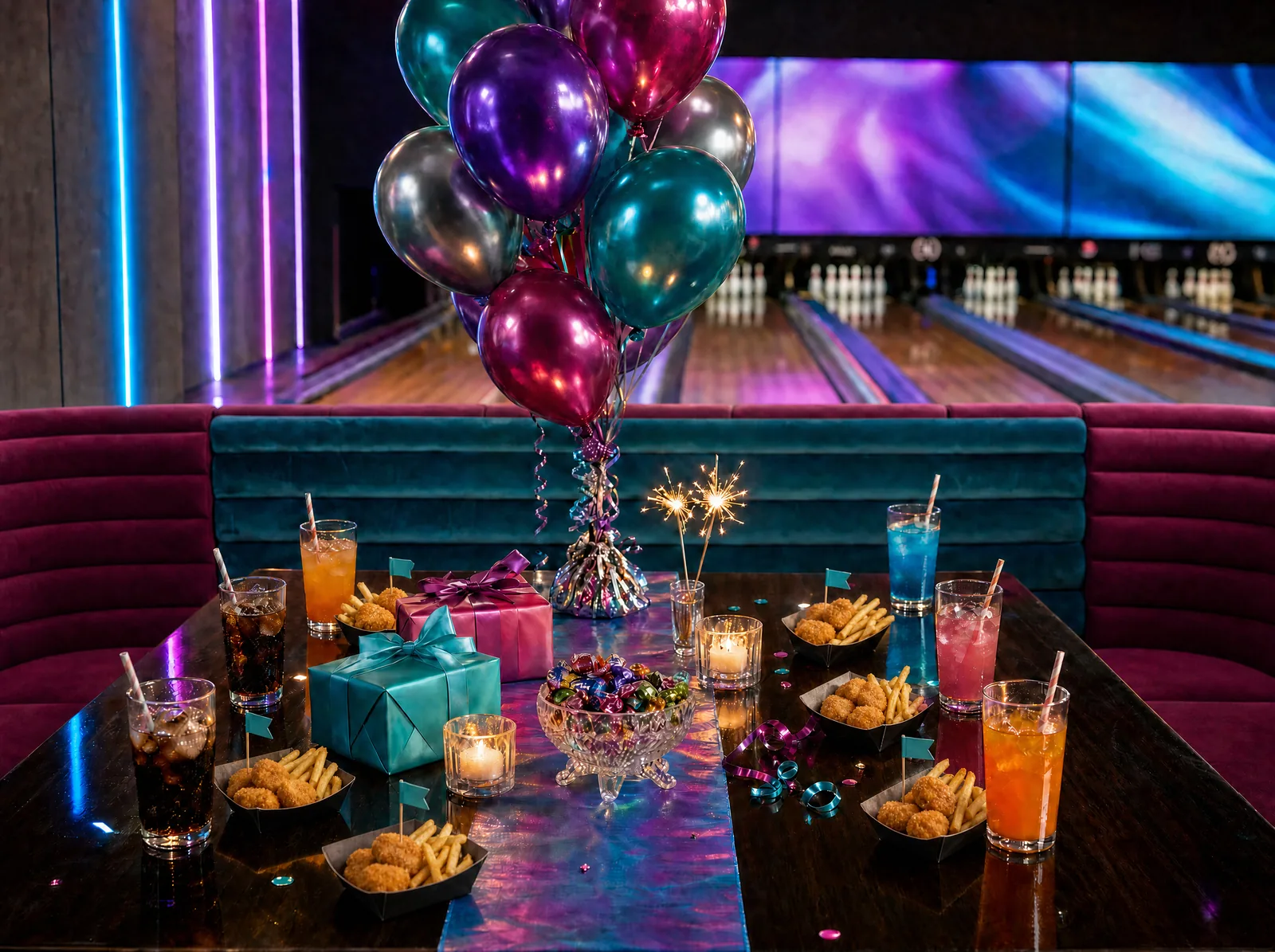 Festlich gedeckter Geburtstagstisch in der Samt-Lounge: glänzend lackierter Holztisch mit schimmerndem Tischläufer, sechs Gläser Softdrink mit Eis und Strohhalm, Luftballon-Strauß in Magenta, Türkis, Violett und Silber, zwei Geschenke, eine Schale Bonbons, Teelichter und Wunderkerzen, dazu sechs kleine Portionen mit je vier Chicken Nuggets und Pommes, einige mit türkisem Fähnchen, dahinter unscharf die Bowlingbahnen mit Videowand