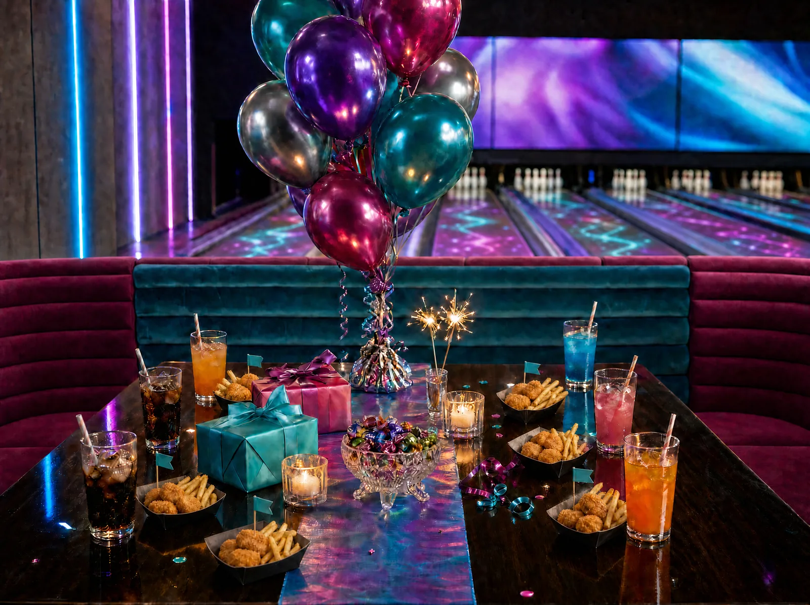 Festlich gedeckter Geburtstagstisch in der Samt-Lounge: glänzend lackierter Holztisch mit schimmerndem Tischläufer, sechs Gläser Softdrink mit Eis und Strohhalm, Luftballon-Strauß in Magenta, Türkis, Violett und Silber, zwei Geschenke, eine Schale Bonbons, Teelichter und Wunderkerzen, dazu sechs kleine Portionen mit je vier Chicken Nuggets und Pommes, einige mit türkisem Fähnchen, dahinter unscharf die Bowlingbahnen mit farbiger Lichtprojektion